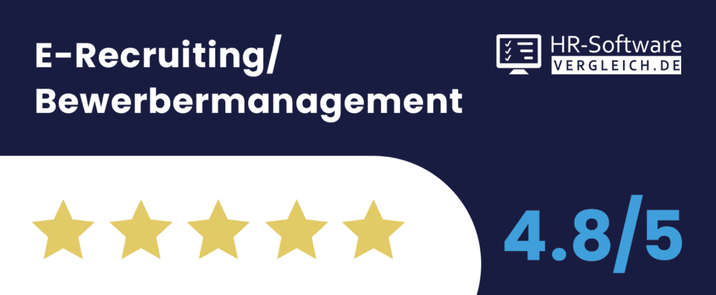 Qualitätssiegel von HR-Software VERGLEICH.DE im Bereich E-Recruiting und Bewerbermanagement mit einer Bewertung von 4,8 von insgesamt 5 Sternen.