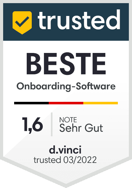 Qualitätssiegel von trusted als beste Onboarding-Software mit einem Durchschnitt von 1,6 und der Note sehr gut, geprüft im März 2022