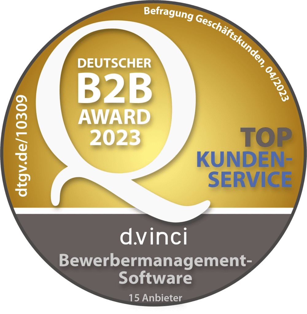 Siegel des Deutschen B2B Awards 2023 mit Auszeichnung als Top Kundenservice im Bereich Bewerbermanagement-Software auf Basis von Befragungen der Geschäftskunden unter 15 Anbietern.