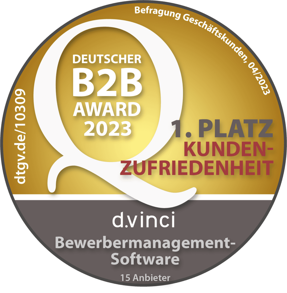 Siegel des Deutschen B2B Awards 2023 mit Auszeichnung zur Belegung des ersten Platzes unter 15 Anbietern für die Kundenzufriedenheit im Bereich Bewerbermanagement-Software auf Basis von Befragungen der Geschäftskunden.