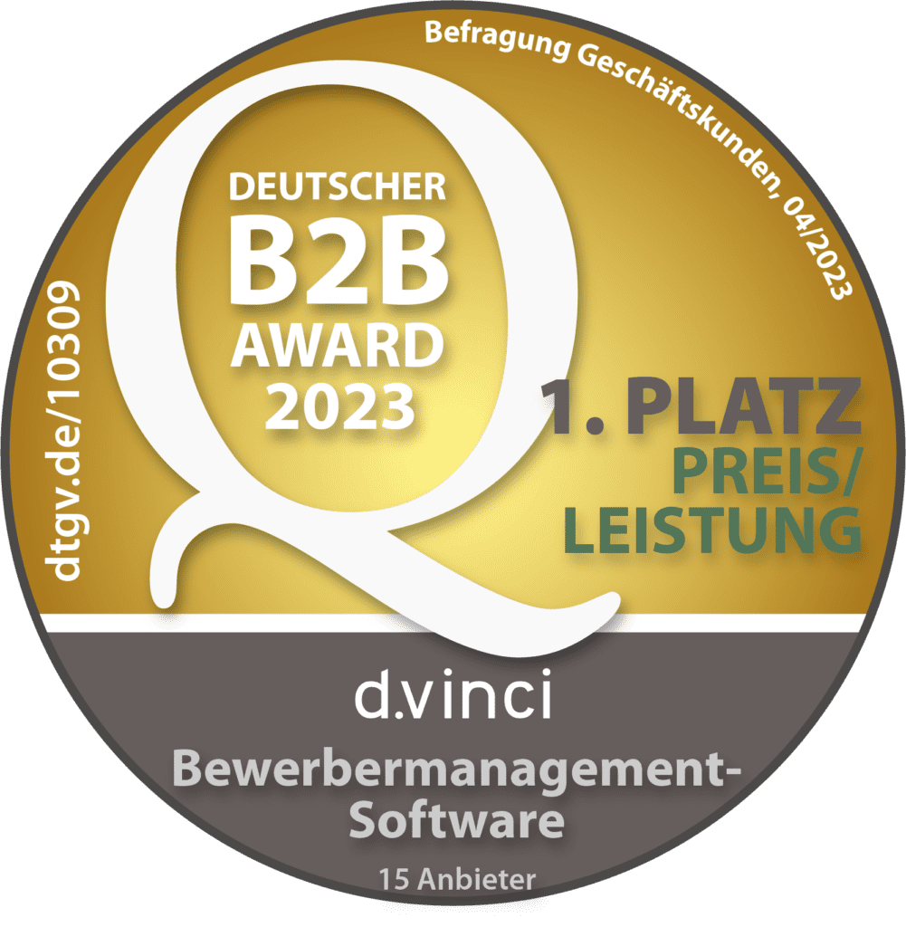 Siegel des Deutschen B2B Awards 2023 mit Auszeichnung zur Belegung des ersten Platzes unter 15 Anbietern für das Preis-Leistungs-Verhältnisses im Bereich Bewerbermanagement-Software auf Basis von Befragungen der Geschäftskunden.