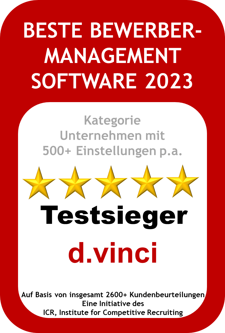 Guetesiegel-500-d.vinci_2023-crop Qualitätssiegel als Testsieger und beste Bewerbermanagement Software 2023 mit 5 Sternen in der Kategorie Unternehmen mit 500+ Einstellungen p.a. Eine Initiative des ICR, Institute for Competitive Recruiting.