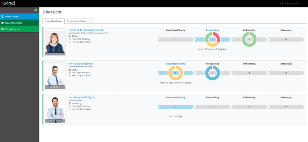 Screenshot der d.vinci Software Arbeitsoberfläche des Onboarding Status verschiedener Mitarbeiter