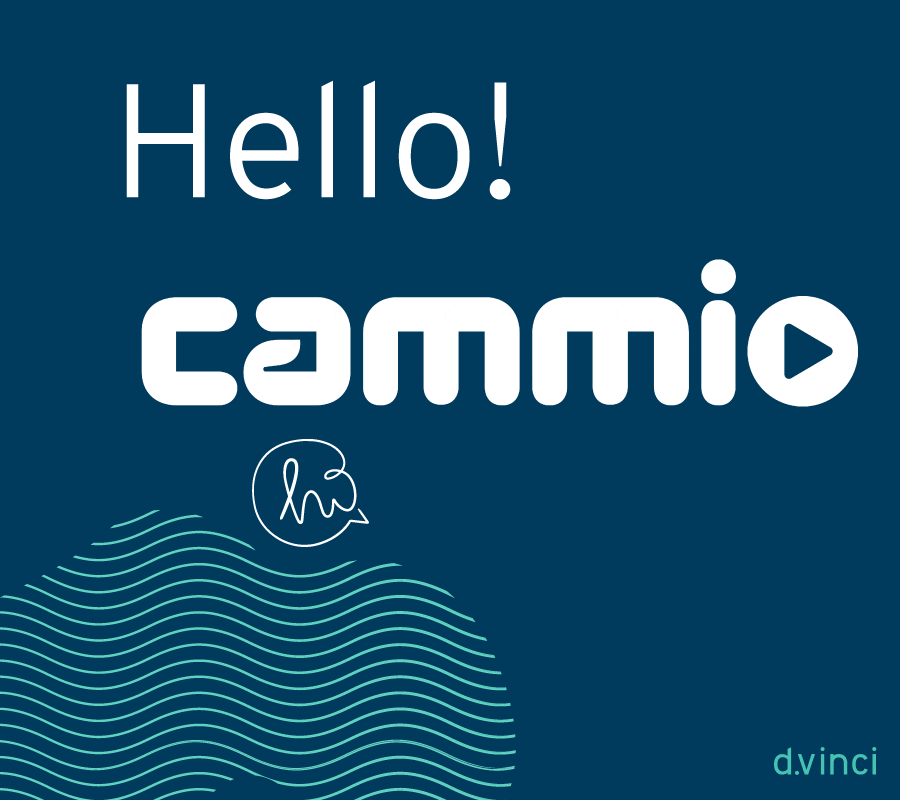 Eine Grafik zeigt den Schriftzug "Hello" und das Logo von cammio auf dunkelblauem Grund. Das Bild ist geschmückt durch eine türkise Welle und ein Hi-Icon.