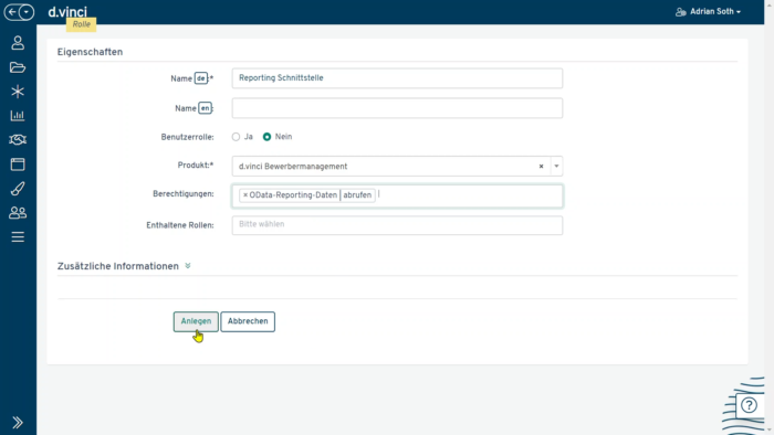 Screenshot des oData-Reporting Daten-abrufen-Rechtes der Reporting Schnittstelle der d.vinci Bewerbermanagement Software