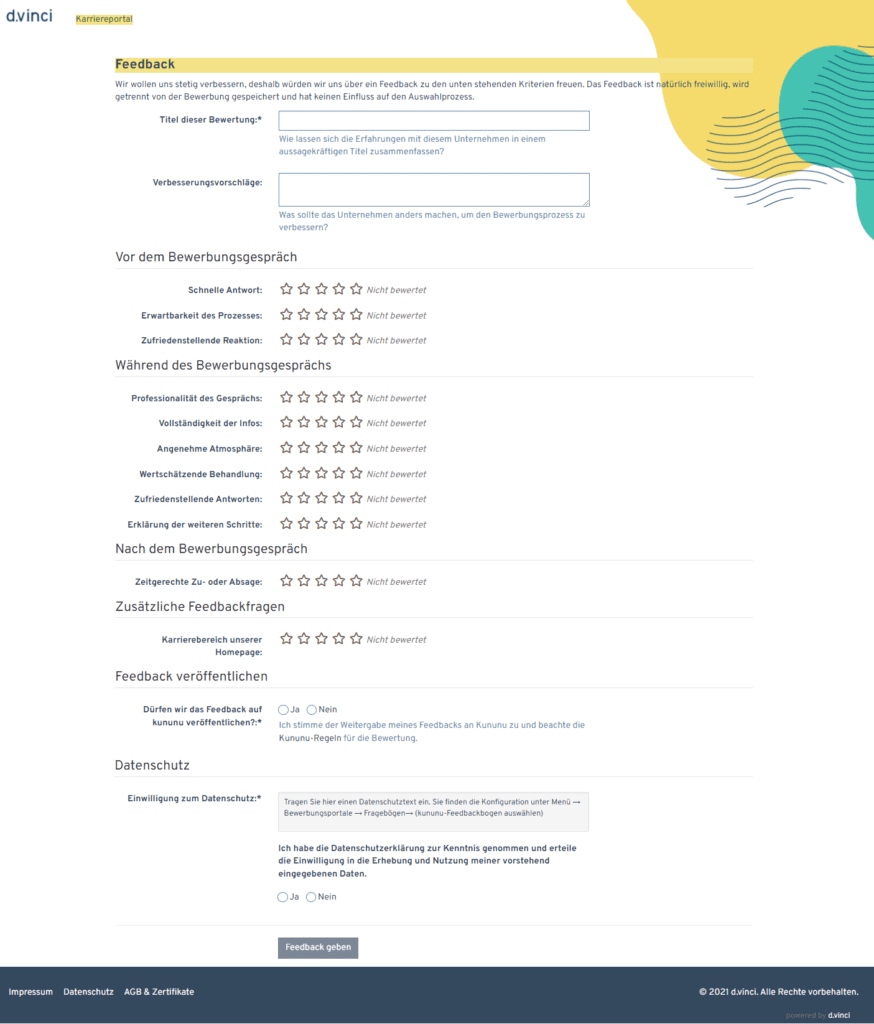 Screenshot der Eingabemaske der Anbindung der d.vinci Bewerbermanagement Software an kununu