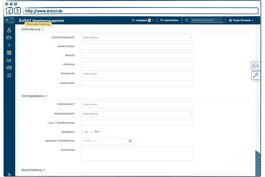 Screenshot vom Anlegen einer Personalanforderung in der d.vinci Bewerbermanagement Software