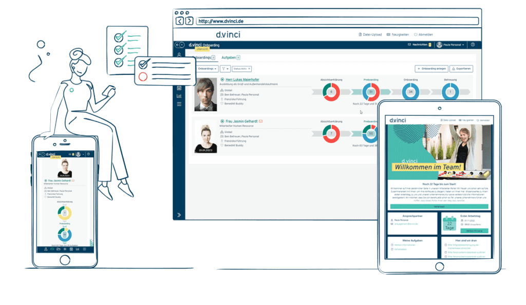 Abbildung einiger Funktionen des Onboarding Software Moduls von d.vinci