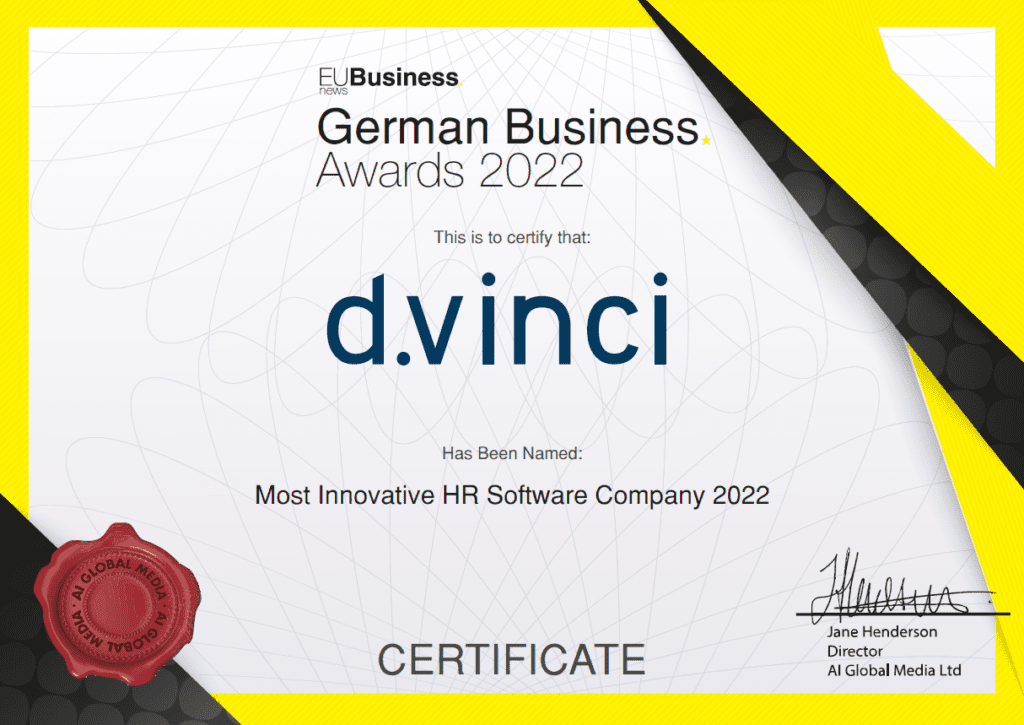 Zertifikat des German Business Awards für das innovativste HR Software Unternehmen 2022