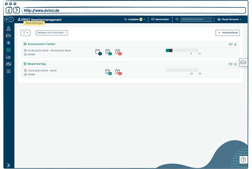 d.vinci Bewerbermanagement - Veranstaltungen Screenshot vom Veranstaltungsmodul der Bewerbermanagement Software von d.vinci