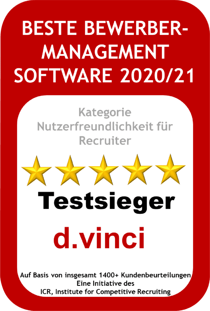 Dvinci Testsieger Benutzerfreundlichkeit Fur Recruiter 693x1024.png Qualitätssiegel als Testsieger und beste Bewerbermanagement Software 2020/21 mit 5 Sternen in der Kategorie Nutzerfreundlichkeit für Recruiter auf Basis von insgesamt mehr als 1400 Kundenbeurteilungen. Eine Initiative des ICR, Institute for Competitive Recruiting.